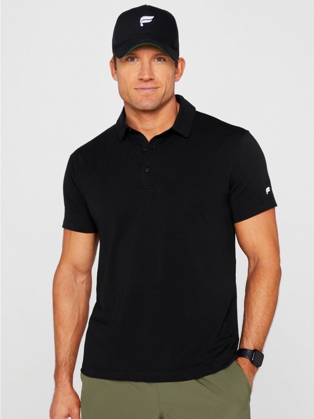 Men's Fabletics Black 24-7 Short-Sleeve Polo Shirt Size Large button closure